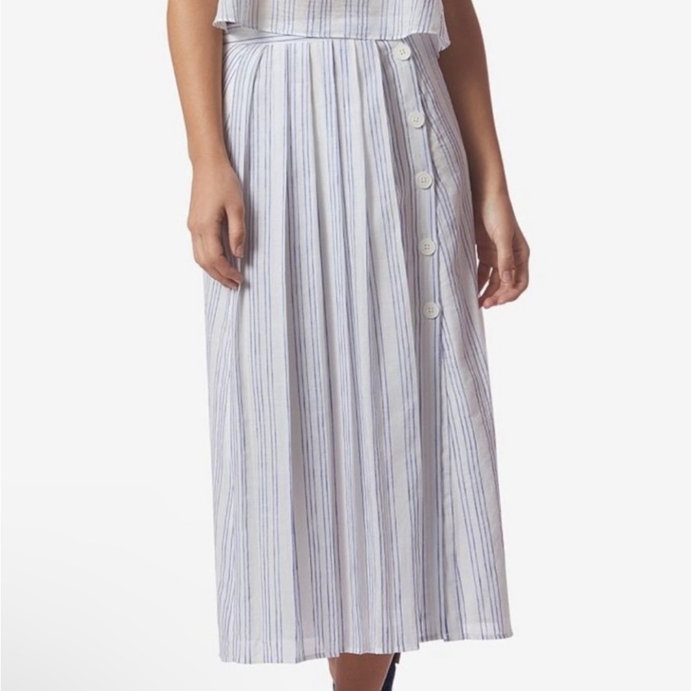 AVEC LES FILLES Striped Pleated Midi Skirt in White/Blue Size-10
